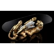 Table with lying panther and cub ceramic sculpture , with real Swarovski collar, with glass.
