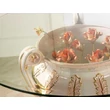 Large ceramic table with roses with glass plate inside Ø 120 cm. Color: light blue, salmon color, gold