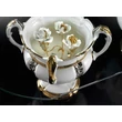 Oval ceramic table with 2 glasses, with rose with glass (150x70) belül. Color: white, gold, platinum