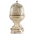 Egg-shaped ceramic container with openable top, with wheels, with built-in piston and with lighting.