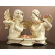 Angel couple ceramic bust sculpture with flowers - painted porcelain.