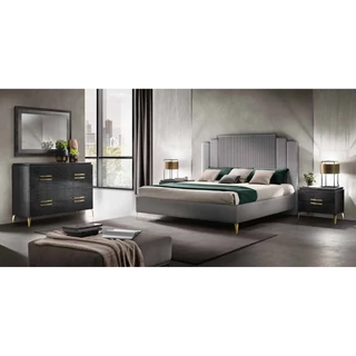Black Bedroom with Upholstered Double Bed, Single Chest of Drawers, Gold-Colored Handles and Legs – AC Moderna