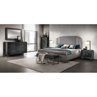 Black Bedroom with Upholstered Double Bed, Double Chest of Drawers, Titanium Grey Handles and Legs – AC Moderna