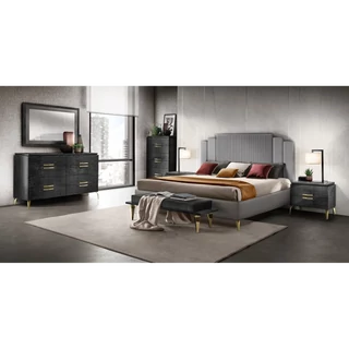 Black Bedroom with Upholstered Double Bed, Double Chest of Drawers, Gold-Colored Handles and Legs – AC Moderna