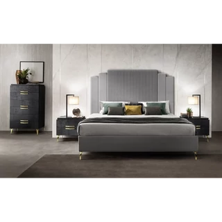 Black Bedroom with Upholstered Double Bed, Gold-Colored Handles and Legs – AC Moderna