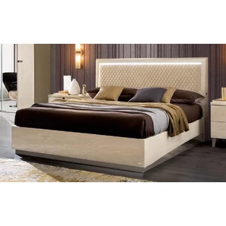 Ambra franciaágy keret, kárpitozott fejvéggel, LED világítással, bézs színű műbőrrel - nyírfa