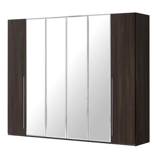 Smart 6-ajtós gardróbszekrény, 4 tükrös ajtóval, Maia fogantyúval - erezett dió