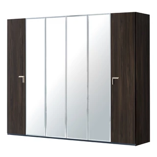 Smart 6-ajtós gardróbszekrény, 4 tükrös ajtóval, Volare fogantyúval - erezett dió