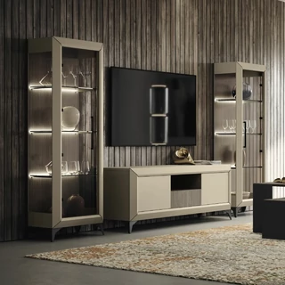 Bézs TV-szekrény szett LED-világítással (TV-szekrény + 2x 1 ajtós vitrines szekrény) – CA Prestige Day