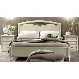 Nostalgia Double bedstead with bedding container, with metal-insert decorative frame with curved headboard, with short footboard - antique white