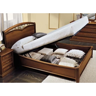 Giotto franciaágy keret ágyneműtartóval, hajlított oldallal, íves fejvégű fémbetétes díszráccsal, alacsony lábvéggel - dió