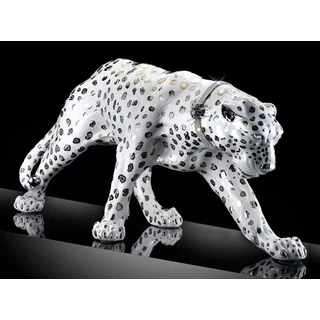 Párduc kerámia szobor, eredeti Swarovski nyakékkel - fehér, arany, platina