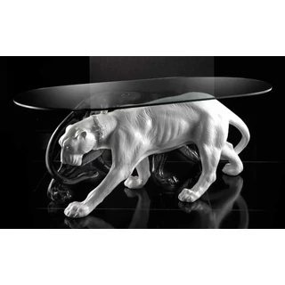 Asztal 2 párduccal kerámia szobor, üveggel - fehér, fekete