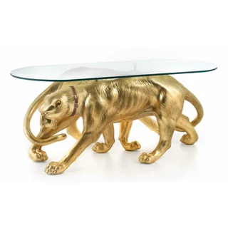 Asztal 2 párduccal kerámia szobor, üveggel - aranyfóliával