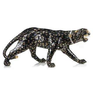 Párduc kerámia szobor, eredeti Swarovski nyakékkel - fekete, arany, platina