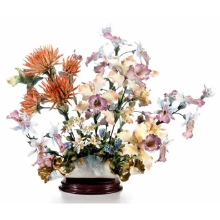 Large ceramic basket with orchid and dahlias. Color: gold