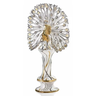 Nagyméretű páva kerámia szobor, talapzattal, világítással, eredeti Swarovski kristályokkal - fehér, arany, platina