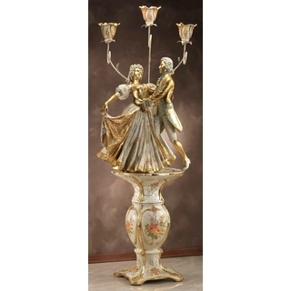 Bécsi kerámia szoborcsoport, talapzattal, 3 lámpatesttel - festett, velencei stílusú