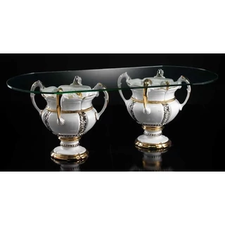 Ovális kerámia asztal rózsákkal, üveglappal 150x70 cm - fehér, arany, platina