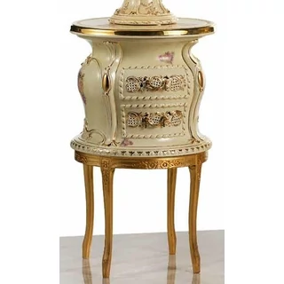 Ceramic chest of drawers with rounded sides with wooden legs. Color: cream color, gold
