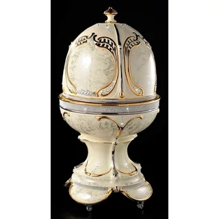 Tojásalakú kerámia tároló, nyitható/leemelhető tetővel, kerekekkel, beépített dugattyúval, eredeti Swarovski kristályokkal - krémszínű, arany, platina