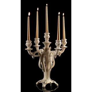 Ötágú barokk kerámia gyertyatartó - krémszínű, arany, platina