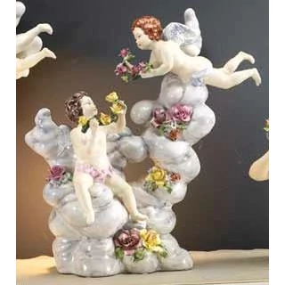 Felhő formázatú kerámia dísztárgy angyalokkal és lámpával - festett porcelán