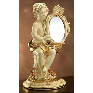 Asztali kerámia angyalszobor tükörrel - krémszínű, arany