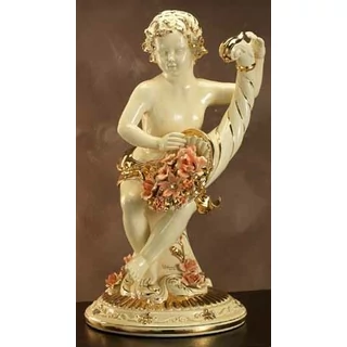 Asztali kerámia angyalszobor a bőség szarujával, virágokkal - krémszínű, arany