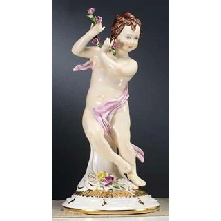 Ceramic table angel sculpture with flowers, painted porcelain