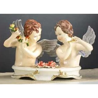Angyalpár kerámia mellszobor virágokkal - festett porcelán