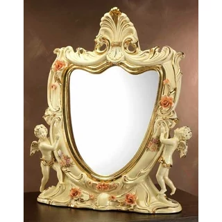 Asztali kerámia tükör 2 angyalkával - krémszínű, arany