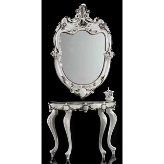 Kerámia konzolasztal tükörrel, virágokkal - fehér, platina