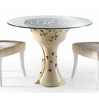 Nagyméretű kerámia asztal pillangókkal, üveglappal Ø 105 cm - krémszínű, arany, platina