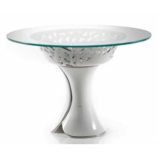 Kisméretű kerámia asztal pillangókkal, üveglappal Ø 75 cm - fehér, platina