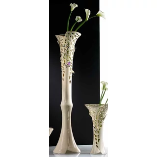 Nagyméretű kerámia váza pillangókkal, üveggel - krémszínű, arany, platina