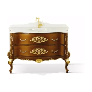 Fürdőszobaszekrény 2 fiókkal, faragott díszítéssel, frízekkel, fehér agglomerátum fedlappal, finoman záródó fiókokkal, mosdókagylóval – Morello 4650