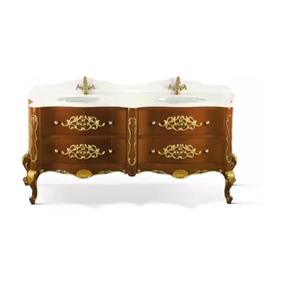 Fürdőszobaszekrény 4 fiókkal, széles, faragott díszítéssel, frízekkel, fehér agglomerátum fedlappal, finoman záródó fiókokkal, 2 db mosdókagylóval – Morello 4649