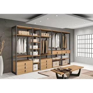 Gardróbszoba nyitott oldalakkal és nyitott hátsó résszel, fiókokkal, falhoz rögzíthető, kőrisfából – Morello 4460