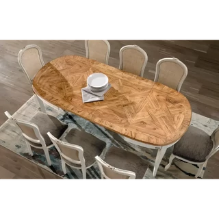 Ovális étkezőasztal, bővíthető, olajfa gyökérfurnér asztallappal, faragott íves lábakkal – Morello 2313