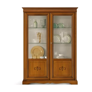 Vitrines szekrény, 2 ajtós, faragott díszítéssel, kárpitozott hátfallal – Morello 2706