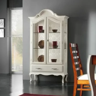 Vitrines szekrény, 2 ajtós, 1 fiókkal, kárpitozott hátfallal – Morello 2987