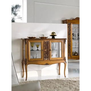 Vitrines tálalószekrény, 2 ajtós, áttört díszítéssel, kárpitozott hátfallal – Morello 3034