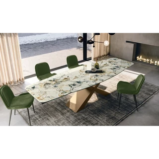 Gold étkezőasztal (036 Etoile Simphony kerámia asztallap, bronz váz, 220x110 cm-es bővíthető változat) és Mia szék