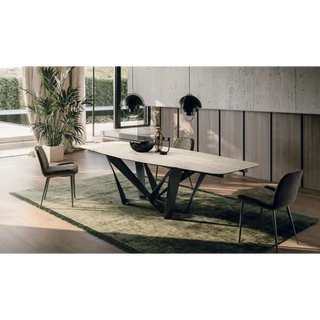 Papillon étkezőasztal (073 Travertino Chiaro kerámia asztallap, titánszürke váz, 220x120 cm-es bővíthető változat) és Mia szék