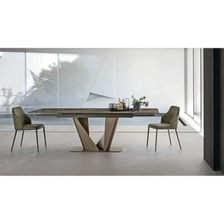 Silver étkezőasztal (042 Emperador fényes kerámia asztallap, bronz váz, 180x100 cm-es bővíthető változat) és Lilium szék (Vintage 102 ökobőr (B kategória), mocsárszürke váz)