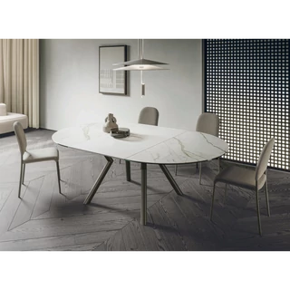 Oliver étkezőasztal (038 Calacatta Oro matt kerámia asztallap, mocsárszürke váz, 140 cm-es átmérőjű bővíthető változat) és Gilda szék