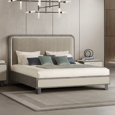 Pearl White-Anthracite Double Bed Frame with Upholstered Headboard – AC Perla