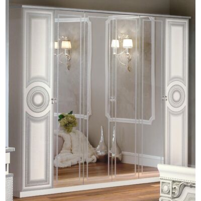 Aida 6-ajtós szekrény, 4 tükrös ajtóval - fehér-ezüst