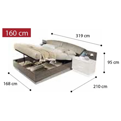 Platinum Double bedstead with LUNA bedding container, with curved headboard - silver birch